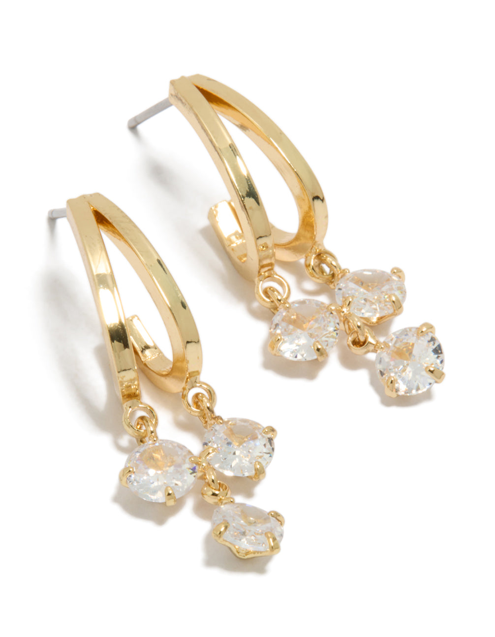 Showcasing gold plated cubic zirconia double drop hoop earrings with charm featuring hoop closure in gold front view