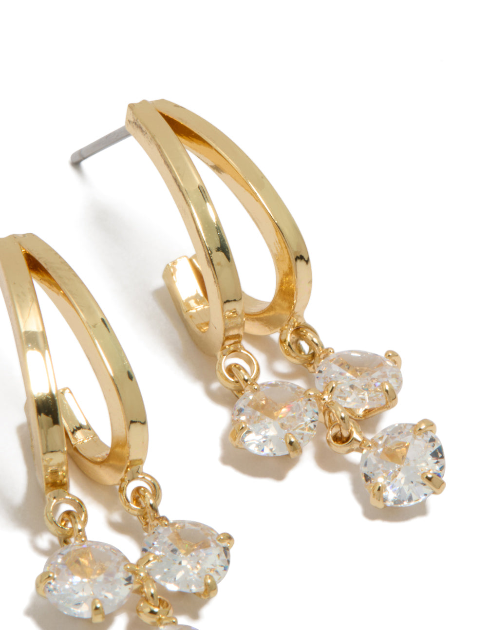 Gold plated cubic zirconia double drop hoop earrings with charm and closure in detailed post detail view