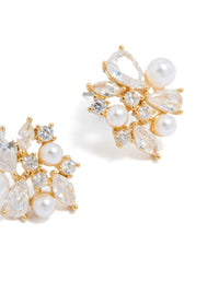 Elegantly designed gold plated cubic zirconia and pearl cluster stud earrings post detail view - link has visual effect only