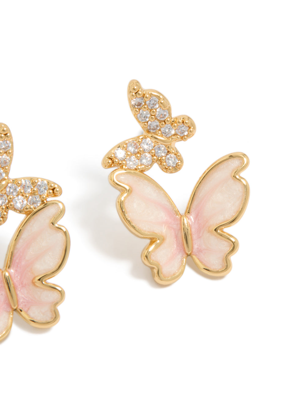 Beautiful small statement butterfly stud earrings crafted from gold plated material with pink enamel and cubic zirconia post detail view