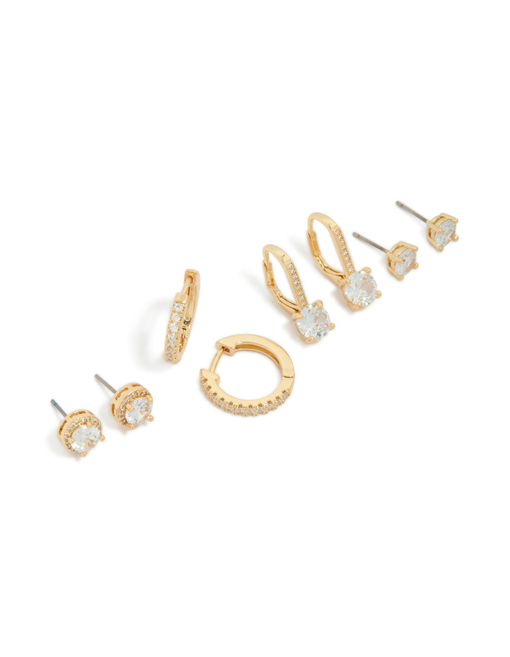 Featuring gold plated cubic zirconia mixed stud and huggie earrings in a 4-pack with crystal accents and huggie closures front view