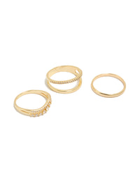 Showcasing gold plated cubic zirconia woven pavé rings 3-pack with statement style front view - link has visual effect only