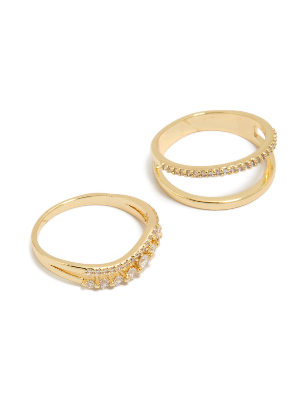 Showcasing gold plated cubic zirconia wavy pavé rings in a 3-pack with statement styling close up view