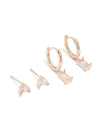 Showcasing rose gold plated cubic zirconia stud and huggie earrings 2-pack with baguette stone cut front view - link has visual effect only