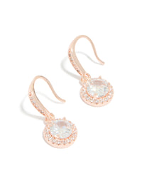 Featuring rose gold plated cubic zirconia round halo drop earrings front view - link has visual effect only