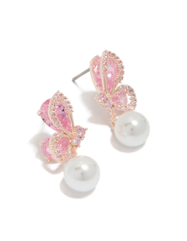 Rose Gold Plated Cubic Zirconia Butterfly Pearl Drop Earrings