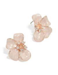 Featuring rose gold plated diamante pink half flower earrings and stud closure front view - link has visual effect only