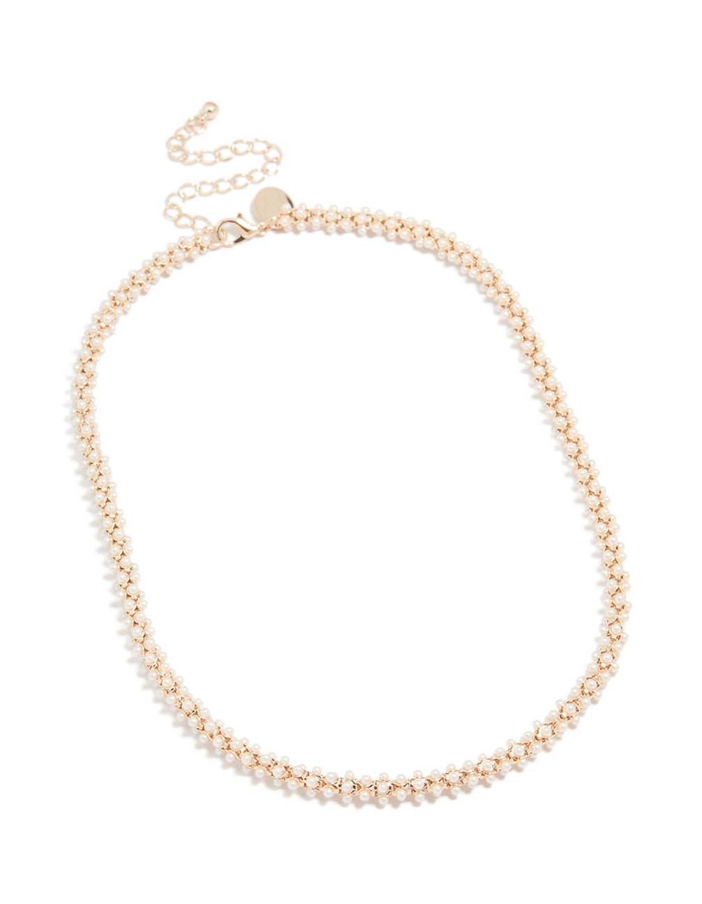 Beautifully crafted rose gold plated mini pearls fireball necklace featuring beads with statement styling front view