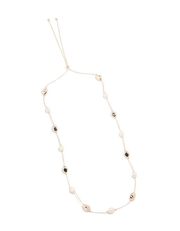 Rose Gold Plated Molten Beads  & Freshwater Pearls Adjustable Necklace