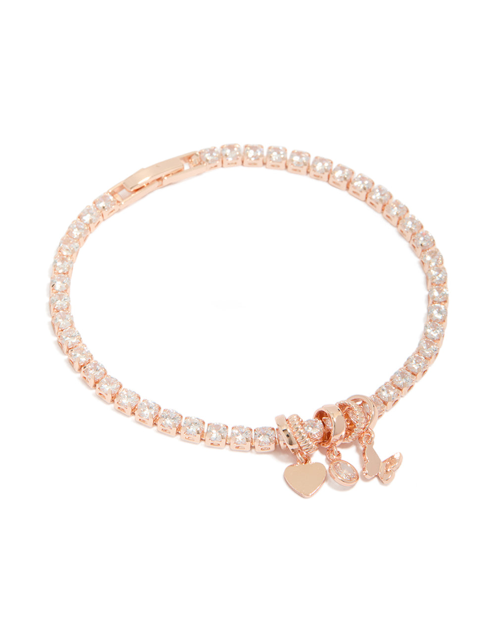 Showcasing a butterfly charm tennis bracelet with heart accents, crafted from rose gold plated cubic zirconia in pink and white tones front view