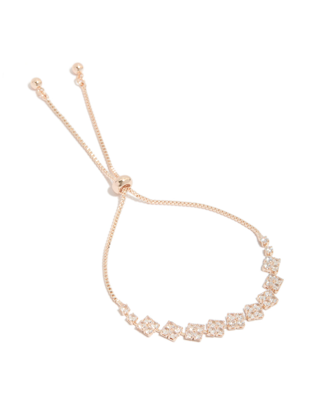 Showcasing a rose gold plated cubic zirconia flower detail toggle bracelet front view