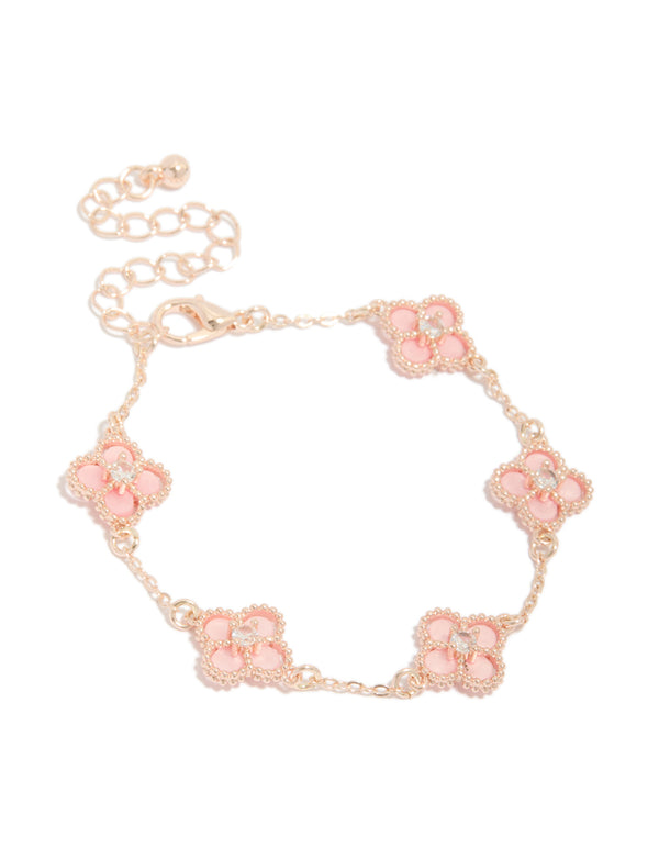 Rose Gold Plated Diamante Cente Pink Flower Charms Bracelet
