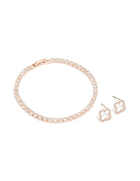 Rose Gold Plated Cubic Zirconia Open Flower Earrings & Tennis Bracelet Set - link has visual effect only