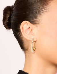 Showcasing gold plain wide hoop earrings in a polished finish on ear view - link has visual effect only