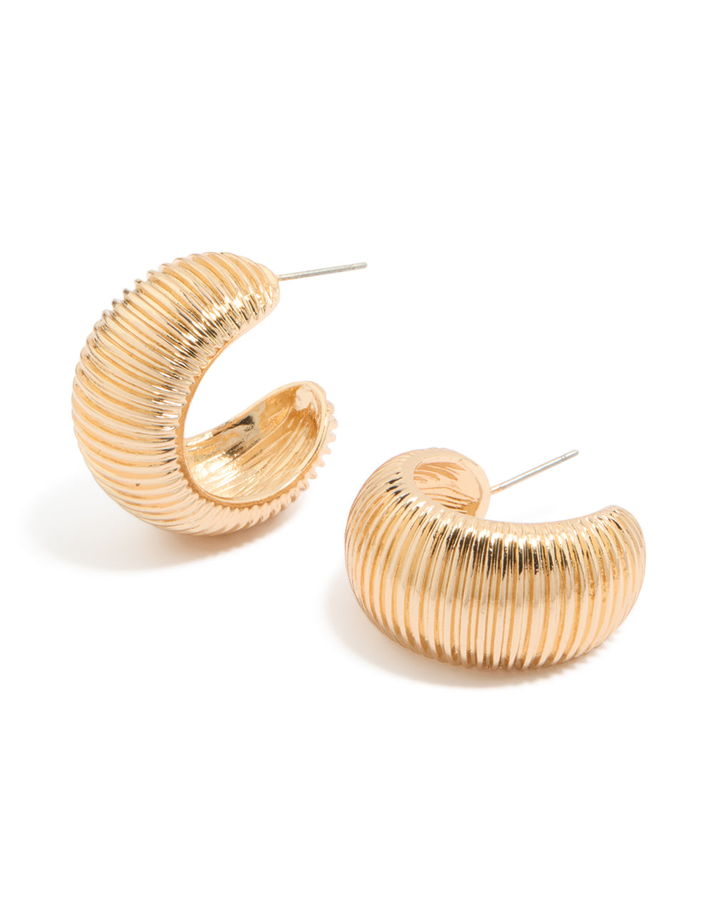 Showcasing gold wide strap hoop earrings with statement style front view