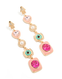 Showcasing gold enamel celestial drop earrings with evil-eye, pearl, heart, hamsa hand and charm details in pink and turquoise, statement style front view - link has visual effect only
