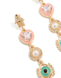 Featuring gold enamel celestial drop earrings with evil-eye, pearl, heart, hamsa hand and charm details in pink and turquoise, statement style close up view - link has visual effect only