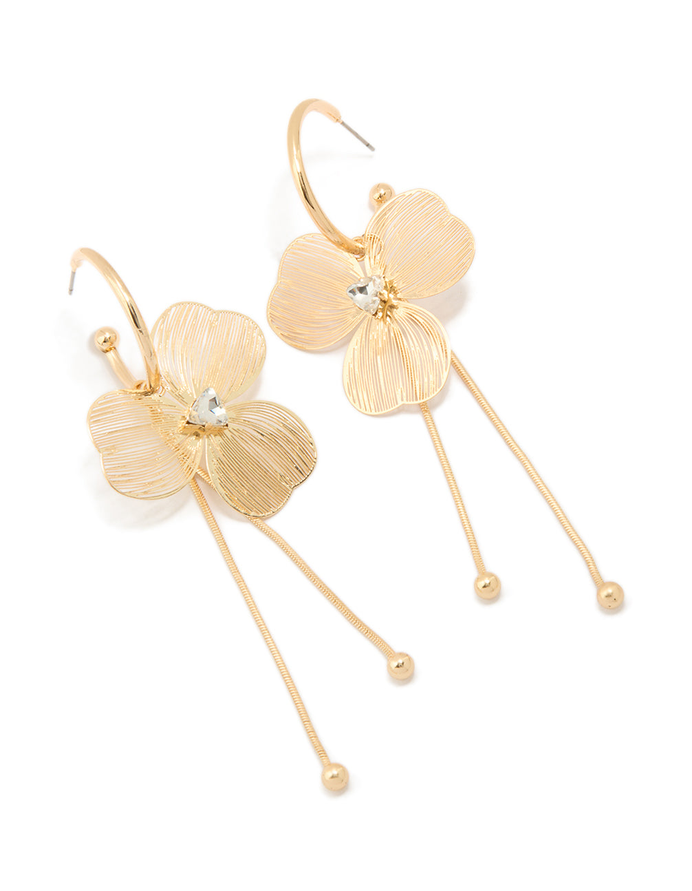 Showcasing statement drop earrings with laser cut floral, clear gemstone accents in gold front view