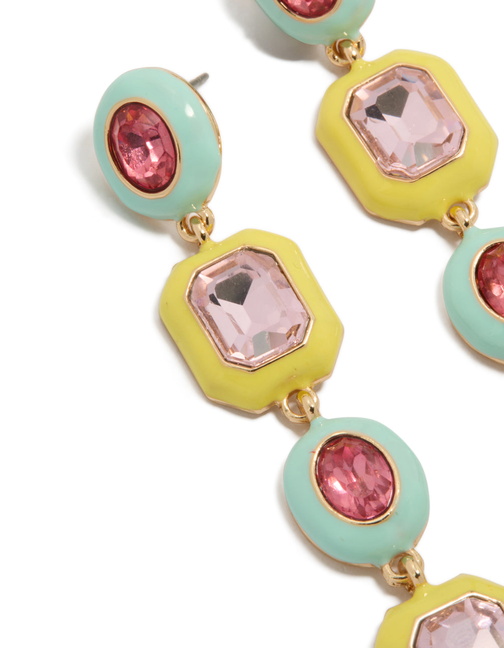 Highlighting statement drop earrings crafted from enamel featuring alternating aqua and yellow geometric shapes with pink diamantes in gold close up view