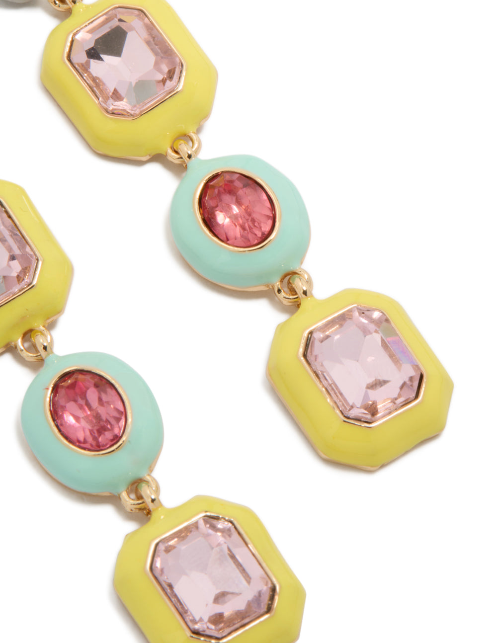 Highlighting statement drop earrings crafted from enamel featuring alternating aqua and yellow geometric shapes with pink diamantes in gold close up view