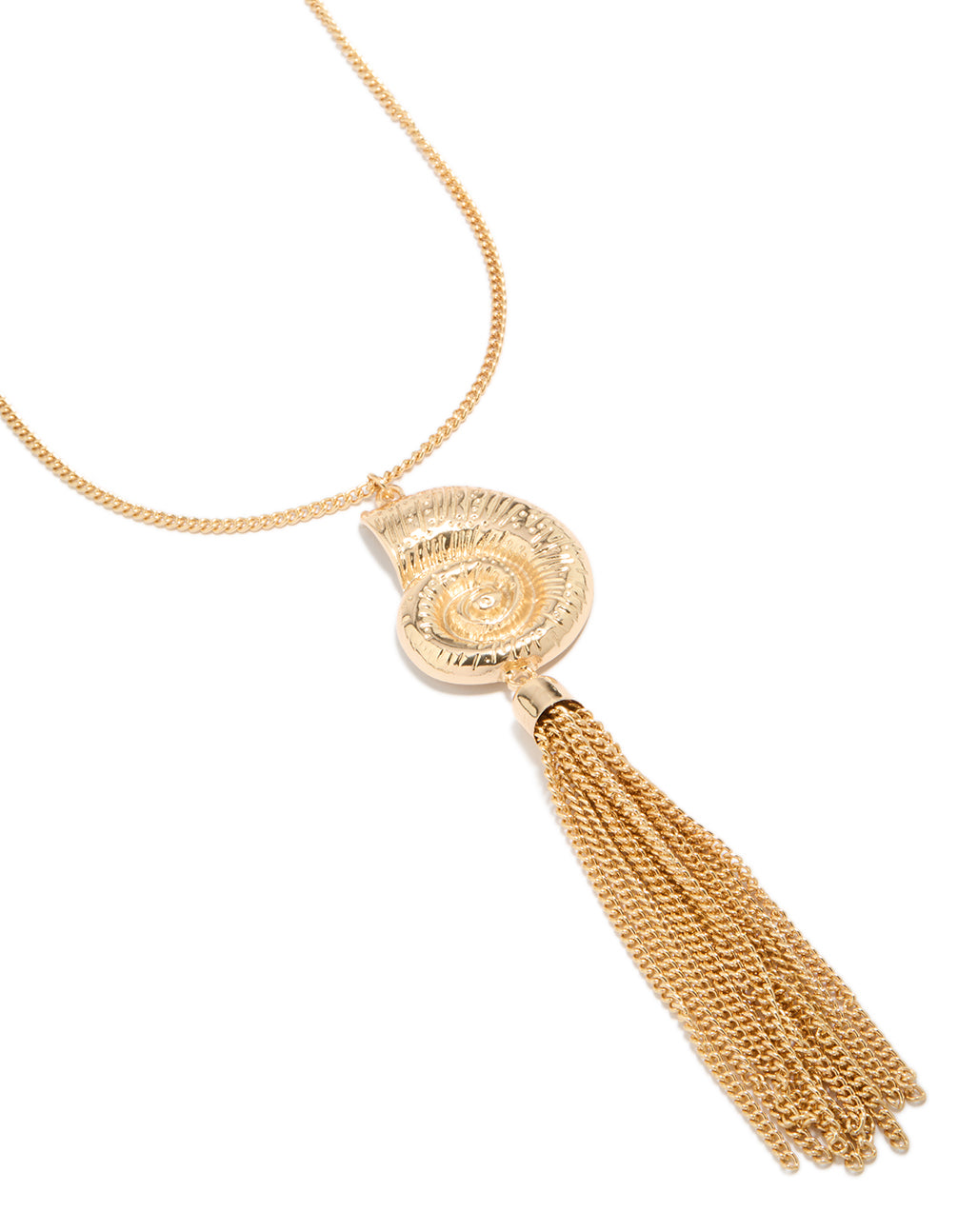 Beautifully crafted shell and tassel necklace in gold featuring ocean inspired design close up view