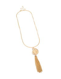 Elegantly designed shell and tassel necklace in gold with ocean inspired details front view - link has visual effect only