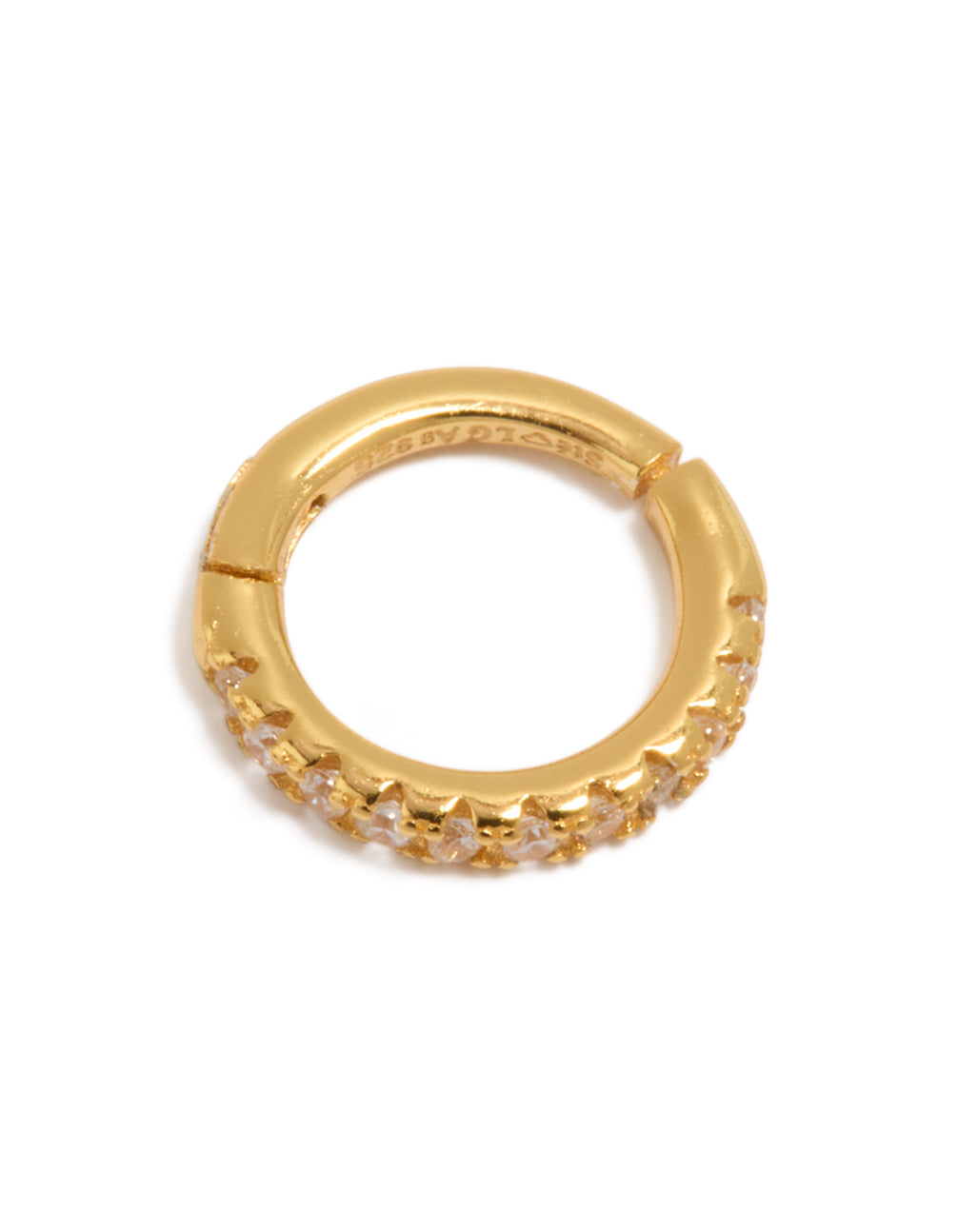 Showcasing a dainty gold plated sterling silver cubic zirconia clicker ring with huggie closure front view