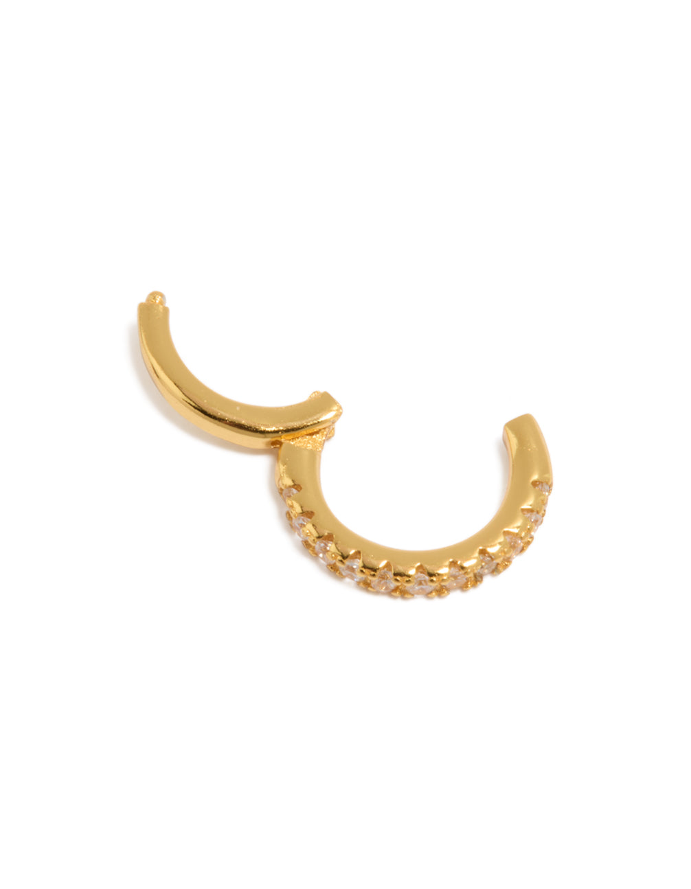 Featuring a dainty gold plated sterling silver cubic zirconia clicker ring with huggie closure detail view