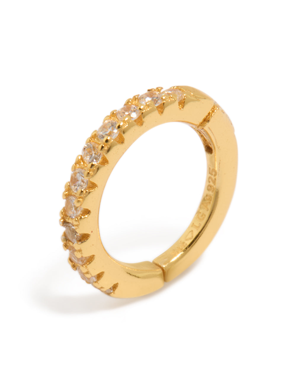 Crafted from dainty gold plated sterling silver with cubic zirconia and huggie closure post detail view