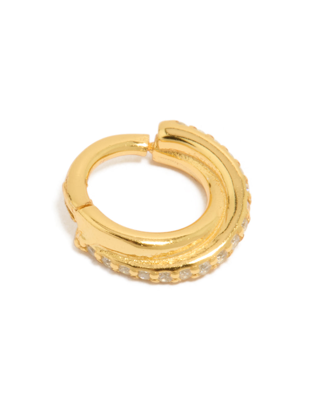 Showcasing a gold plated sterling silver twisted clicker ring featuring cubic zirconia in clear front view