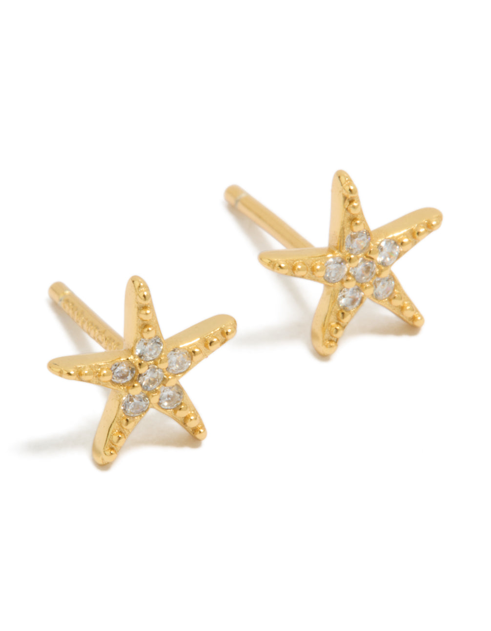 Showcasing gold plated sterling silver cubic zirconia starfish earrings featuring ocean and in clear front view