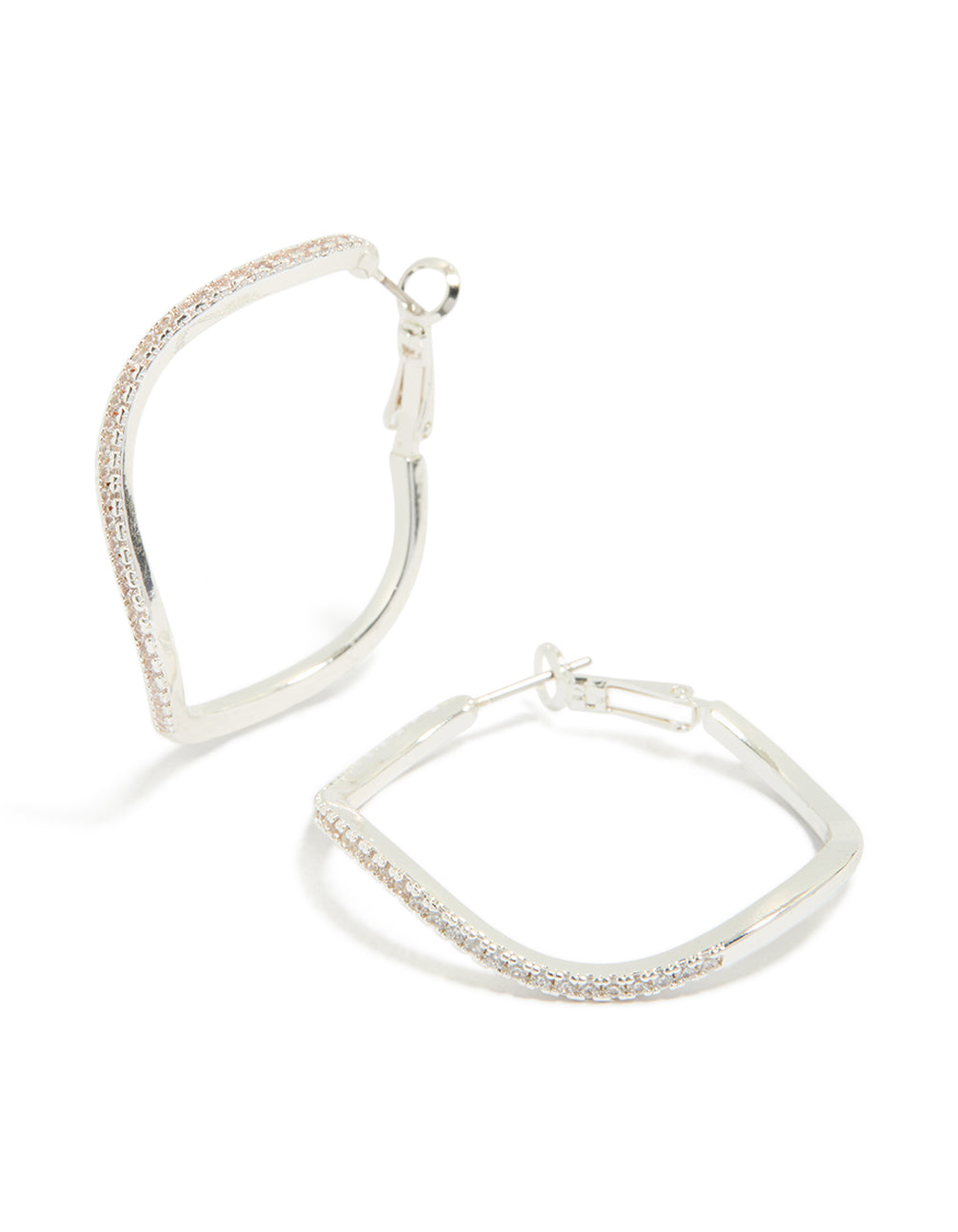 Discover silver diamante wavy thin hoop earrings front view