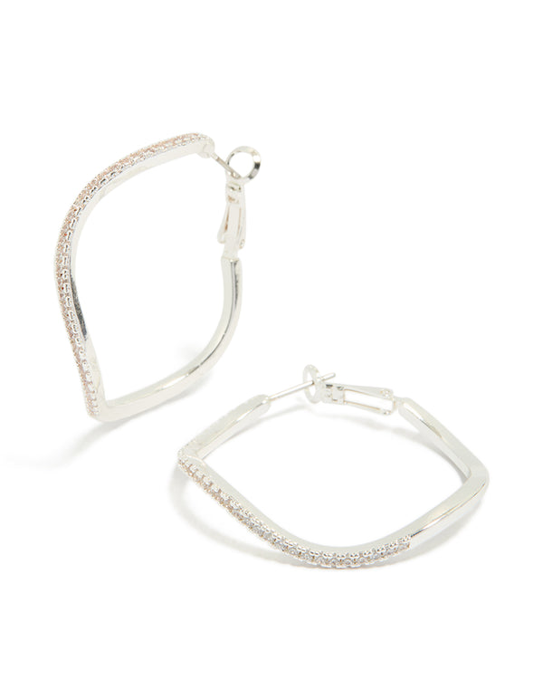 Silver Diamante Wavy Thin Hoop Earrings