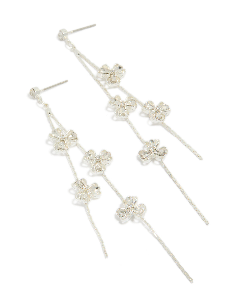 Showcasing dainty floral drop earrings in silver with delicate design and clear accents front view