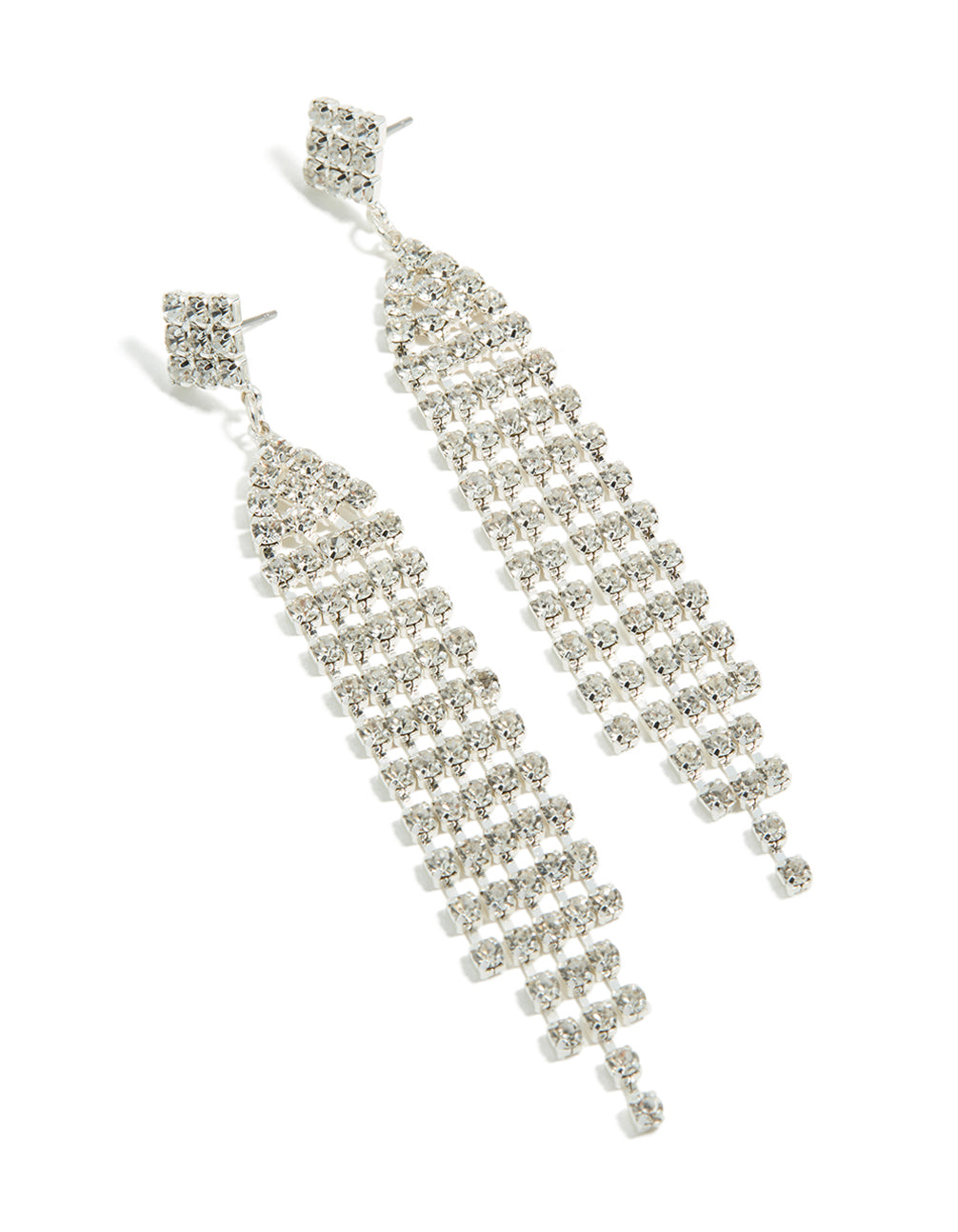 Showcasing silver diamante sparkling stud drop earrings featuring tassel accents in clear front view