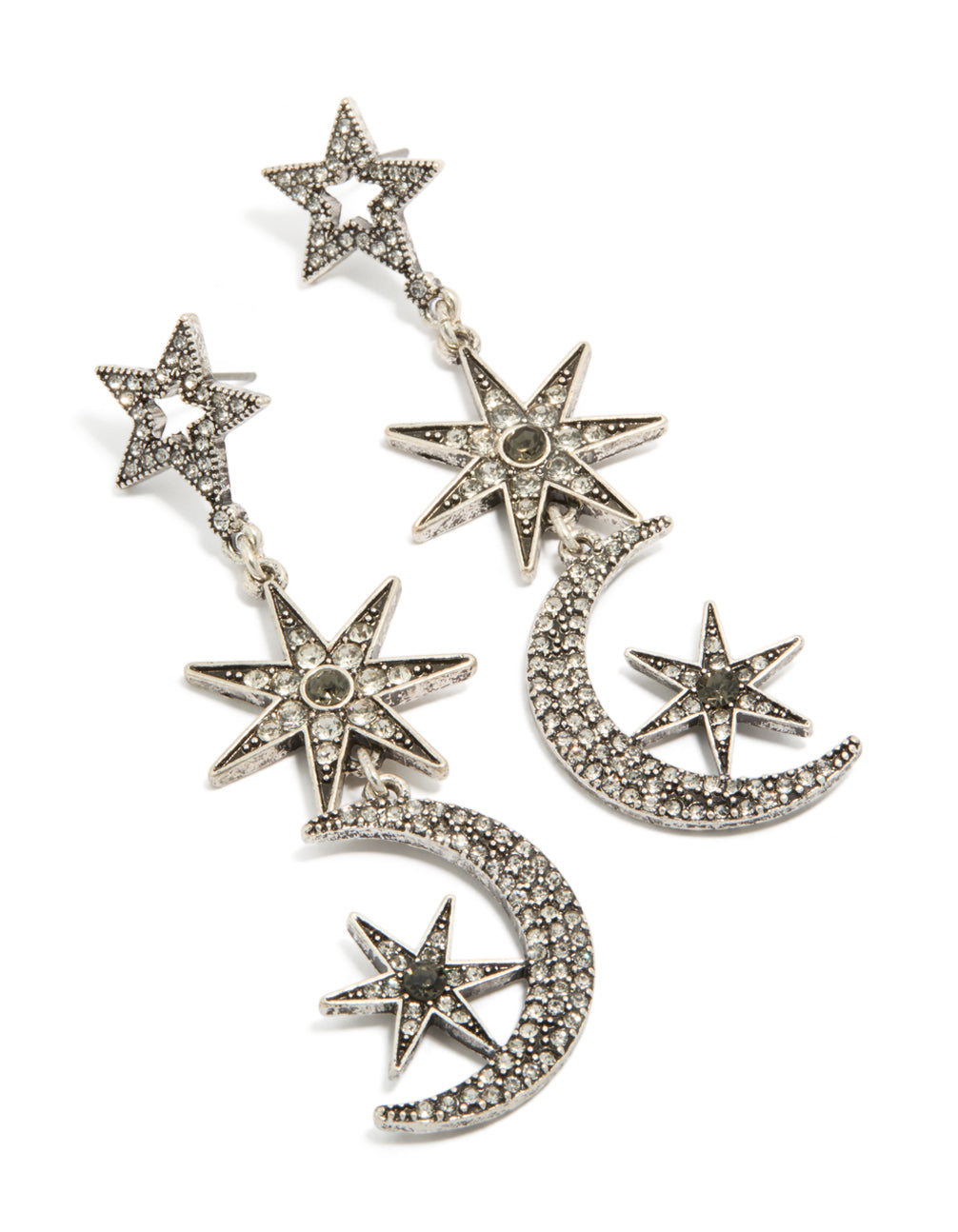 Showcasing dainty celestial drop earrings featuring moon and star motifs in silver front view