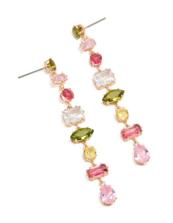 Gold Cubic Zirconia Mismatched Colourful Stones Drop Earrings