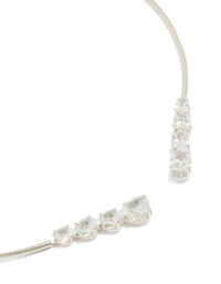 This open front torque necklace is crafted from cubic zirconia in silver close up view - link has visual effect only