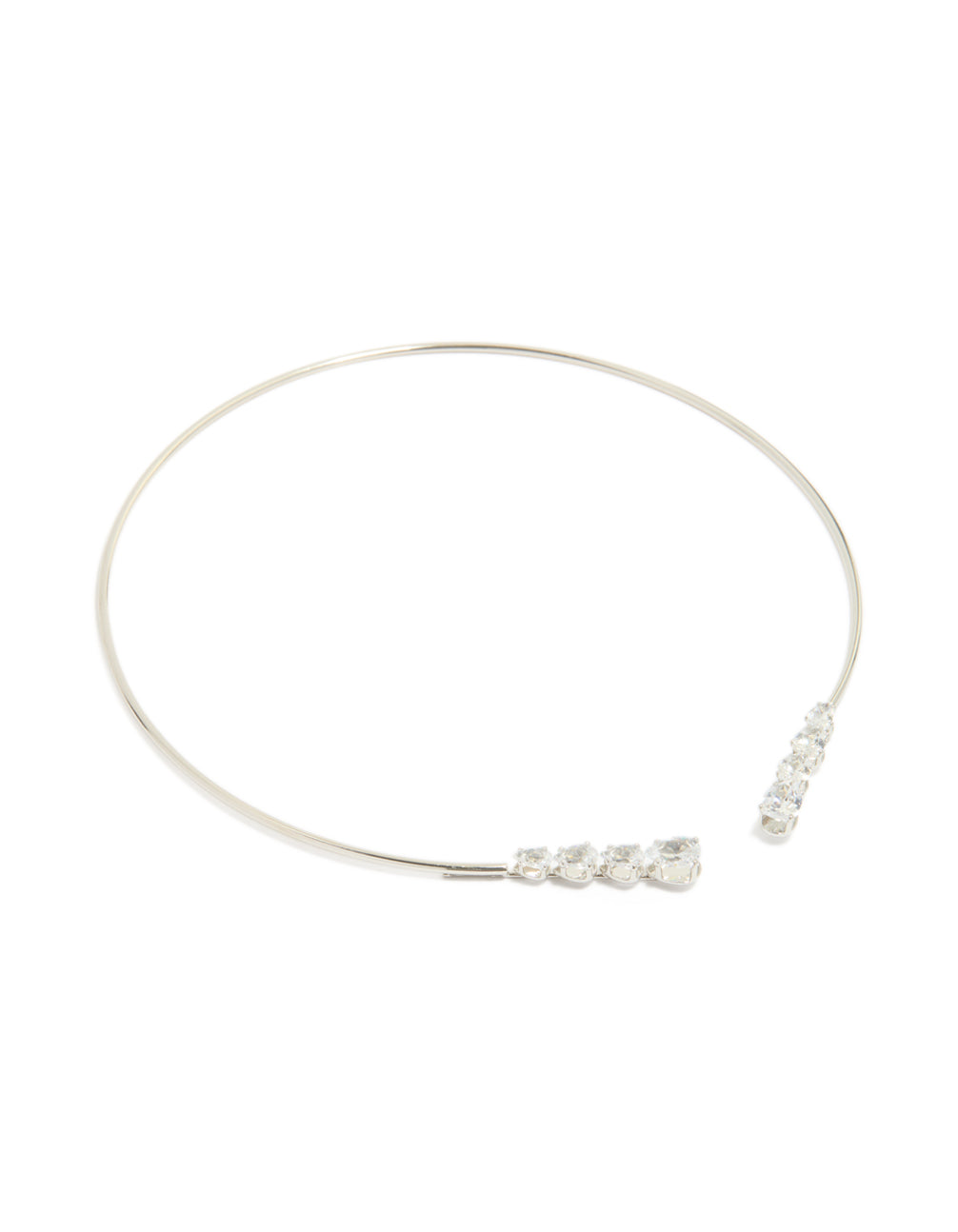 Showcasing an open front torque necklace with cubic zirconia in silver front view