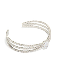 Showcasing a statement wrist cuff crafted from cubic zirconia with oval stone cut in silver front view - link has visual effect only