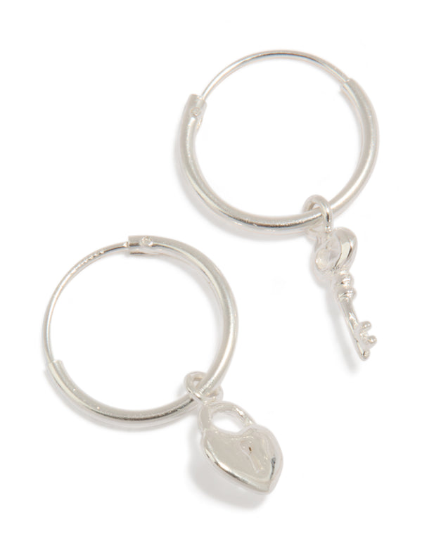 Sterling Silver Heart & Key Hoop Earrings