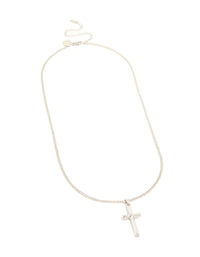 Discover a waterproof mens stainless steel classic plain cross pendant necklace in silver front view - link has visual effect only