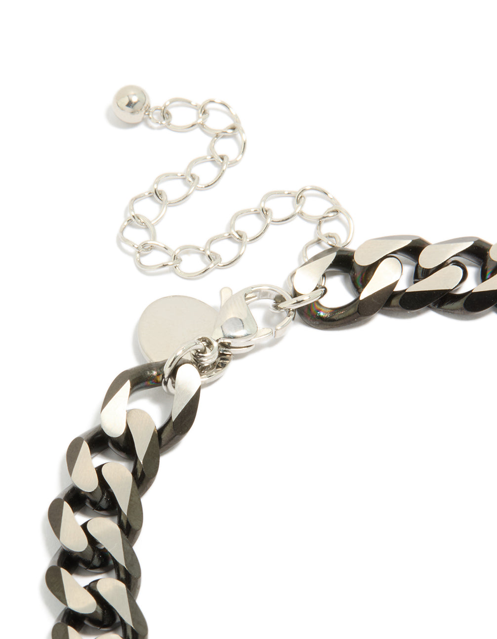 A mens waterproof stainless steel black link chain bracelet in silver closure detail view