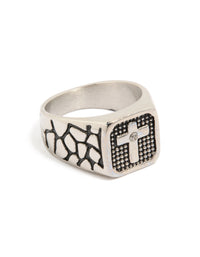 Discover a mens waterproof stainless steel cross signet ring with etched details featuring black accents and cubic zirconia in silver front view - link has visual effect only