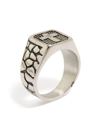 Featuring a mens waterproof stainless steel cross signet ring with etched details and cubic zirconia in silver with black accents side detail view - link has visual effect only