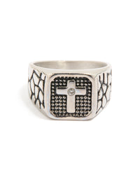Discover a mens waterproof stainless steel cross signet ring with etched details featuring black accents and cubic zirconia in silver front view - link has visual effect only