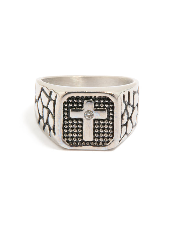 Discover a mens waterproof stainless steel cross signet ring with etched details featuring black accents and cubic zirconia in silver front view