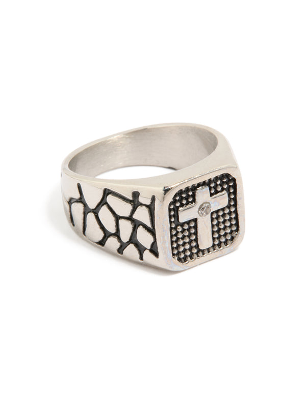 Discover a mens waterproof stainless steel cross signet ring with etched details featuring black accents and cubic zirconia in silver front view