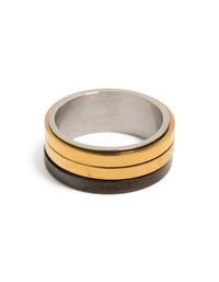 Showcasing a mens waterproof band ring crafted from gold plated and black coated stainless steel in silver tones front view - link has visual effect only