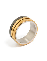 Featuring a mens waterproof band ring crafted from gold plated and black coated stainless steel in silver tones side detail view - link has visual effect only